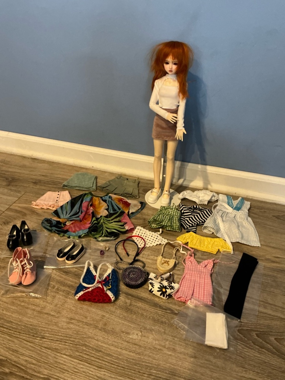 Lot of 25 BJD Strawberry Blonde Doll, Clothes, Shoes, Purses & Stand